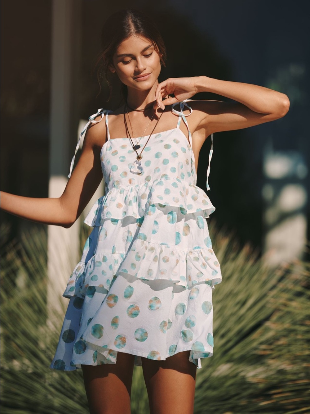 Anthropologie Playful Coastal Polka Dot Tiered Mini Dress NWT Medium Celandine